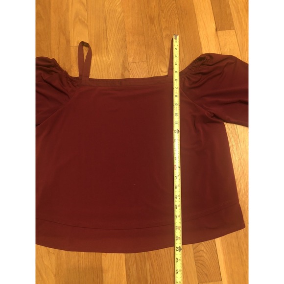 Maroon burgundy Off Shoulder Top Large Poof Tie Sleeves Boho Cottage holiday - Picture 3 of 13